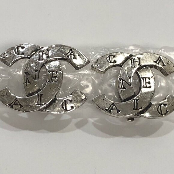 CHANEL CC Logos PARIS Vintage Clip-On Earrings Silver Tone 99A Auth #5024 - Picture 1 of 9